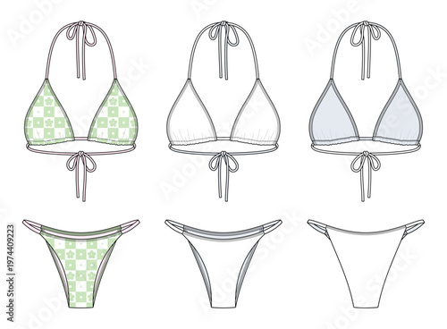 Schilderij op canvas Triangle Bikini Set Technical Fashion Illustration, Thong Bikini Bottom Vector T