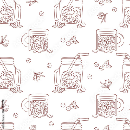 Sea Buckthorn Drink Iced Tea Mug and Mason Jar Lemonade Seamless Pattern. Line Cocktail Glasses with Berries, Mint, Lemon and Ice Cubes on White Background. Vector Illustration. Coloring Hand Drawn