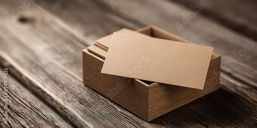Blank Business Cards in Vintage Brown Box on Natural Wooden Table, Minimalist Design for Personal or Professional Use, Stylish Branding Presentation