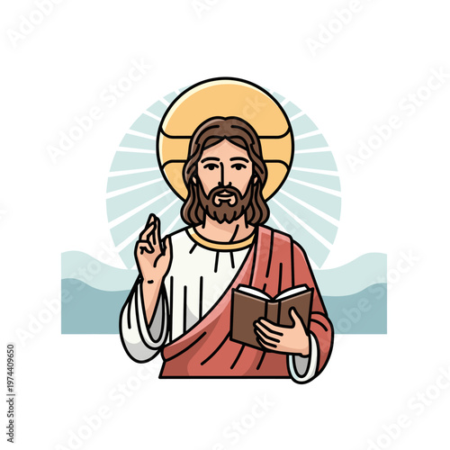 Illustration of Jesus Christ holding an open book and raising his hand in blessing, with a halo and rays of light behind him.