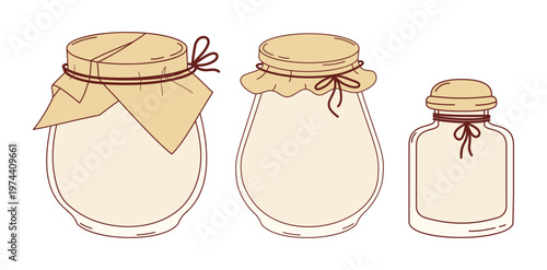 Empty Glass Jars Set with Craft Paper Lids and String for Homemade Jam Packaging Mockup. Isolated Minimalistic Vector Illustration on White background