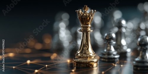 Golden chess queen surrounded by silver pieces on dark background with light spark and network design, symbolizing strategy and competition in games