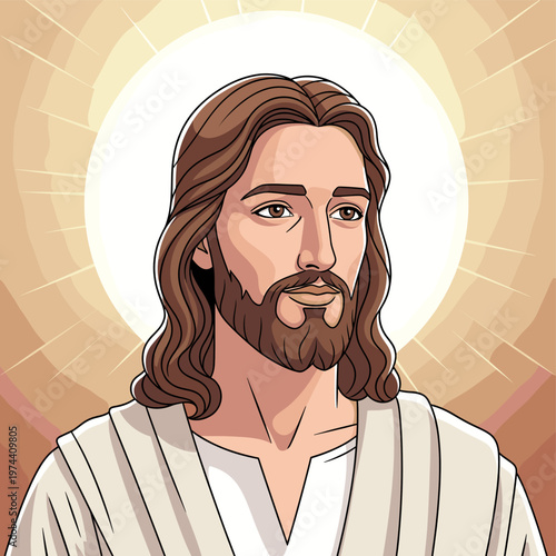 A stylized illustration of Jesus Christ with a radiant halo, depicted with long brown hair and a beard, wearing white robes.