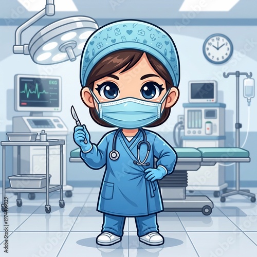 Cartoon nurse in hospital room.
