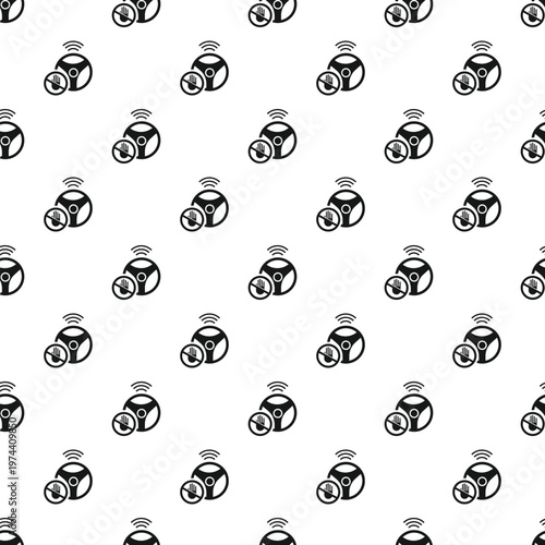 Autonomous vehicle steering wheel with a hands free symbol and wireless signal creating a seamless pattern