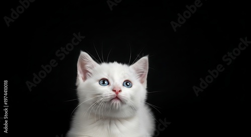 Close-up portrait of an adorable fluffy white kitten with striking blue eyes looking up against a dark black background.