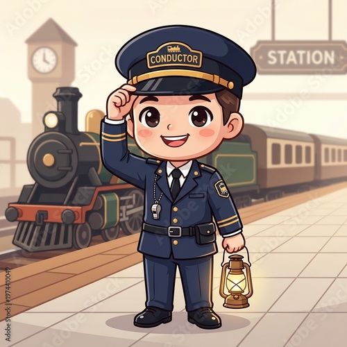 Cartoon train conductor at station.