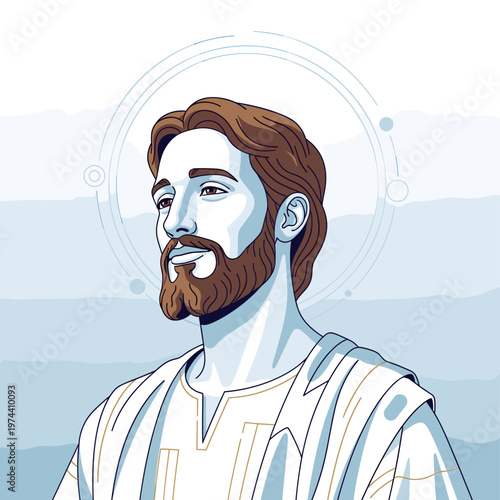 A stylized illustration of Jesus Christ, depicted with a beard and halo, against a soft blue and white background.