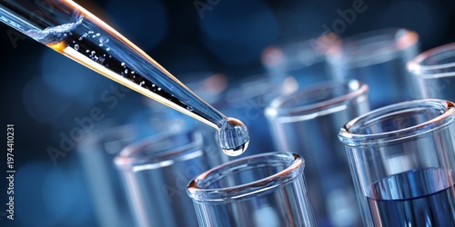 Close-Up of a Pipette Dropping Liquid into Test Tubes in a Laboratory Setting with Abstract Blue Background and Scientific Equipment Arrangement