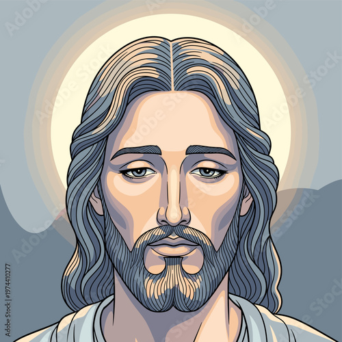 A stylized illustration of Jesus Christ's face, with long hair, a beard, and a halo, set against a muted background of mountains and a sun.