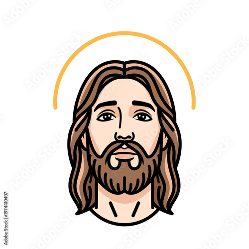 Cartoon illustration of Jesus Christ's head with a beard, long hair, and a golden halo, depicted in a simple, clean style.