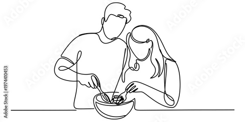 A continuous line drawing of a young couple happily cooking together in the kitchen at home