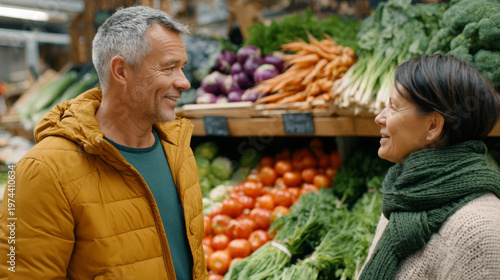 Middle-aged man and woman smiling at each other in a vibrant grocery store with fresh vegetables and fruits displayed in the background