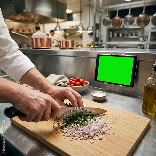 Professional Chef Chopping Fresh Vegetables on Cutting Board with Digital Tablet Displaying Green Screen for Recipe Guidance in Commercial Kitchen