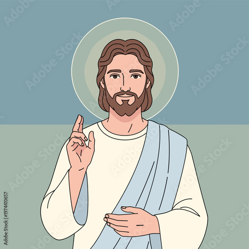 Illustration of Jesus Christ with a halo, making a blessing gesture, in a flat design style with a two-tone background.