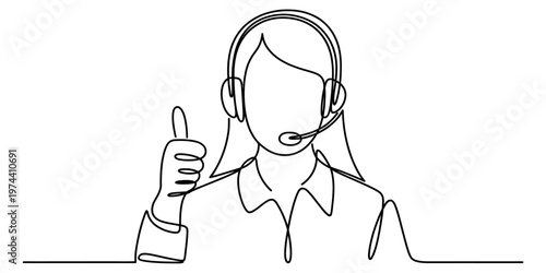 Continuous line drawing of a customer service representative showing a positive thumbs up gesture