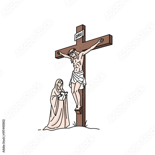 Illustration of Jesus Christ on the cross with Mary kneeling below, depicting the crucifixion scene in a simple line art style.