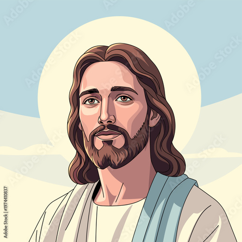 Cartoon illustration of Jesus Christ with a halo, featuring a serene expression and traditional long hair and beard, set against a light sky.