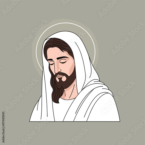 Minimalist illustration of Jesus Christ with a halo, looking down in a serene and contemplative pose, depicted with a beard and long hair, wearing a white robe.