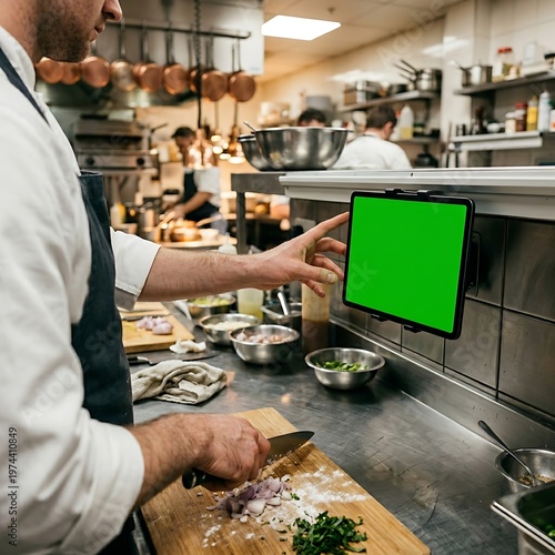 Professional chef using digital tablet with green screen in a busy commercial restaurant kitchen environment to manage food orders