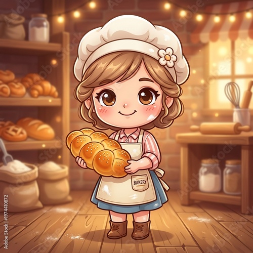 Little girl baker holding croissant.