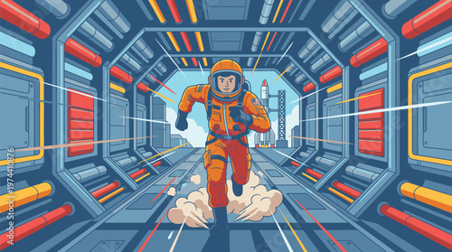 Astronaut Running Inside Space Station Corridor.