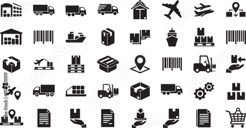 Logistics icons, shipping symbols, transportation signs, 40 black vector graphics