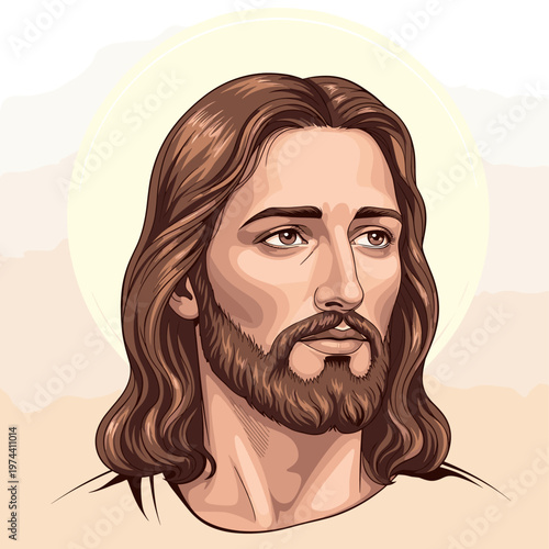 Stylized illustration of Jesus Christ with long brown hair, a beard, and a halo, depicted in a spiritual and reverent manner.