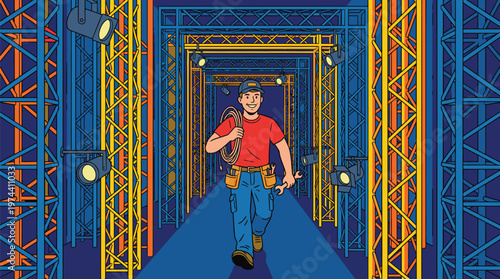 Young Man Walking Through Colorful Neon Tunnel.