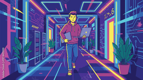 Futuristic Person Walking Through Neon-lit Corridor.