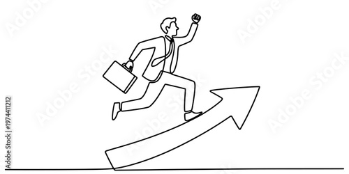A line drawing of a determined businessman running up a large upward pointing arrow for success