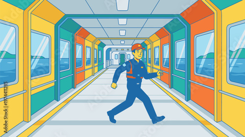 Cartoon Character Walking Inside Subway Train.