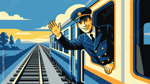 Train Conductor Waving from Train Window.