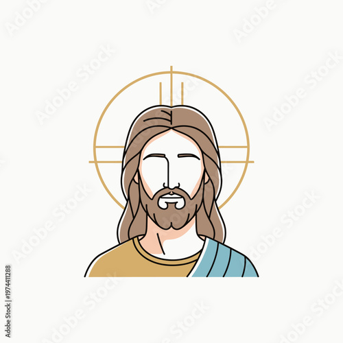 A stylized illustration of Jesus Christ with a halo and beard, depicted in a modern, clean line art style.