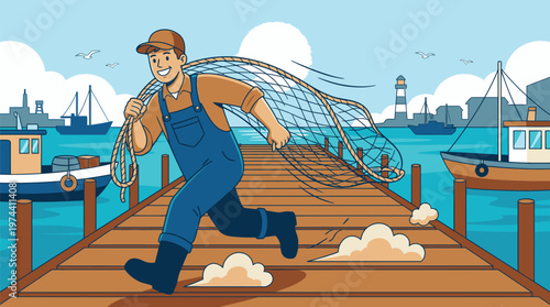 Worker Running on Wooden Dock at Harbor.