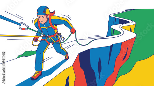 Skier Crossing a Colorful Mountain Sign.