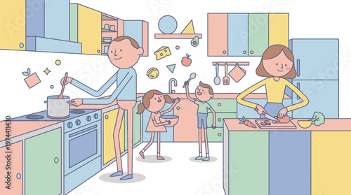 Children Cooking and Baking in Modern Kitchen.