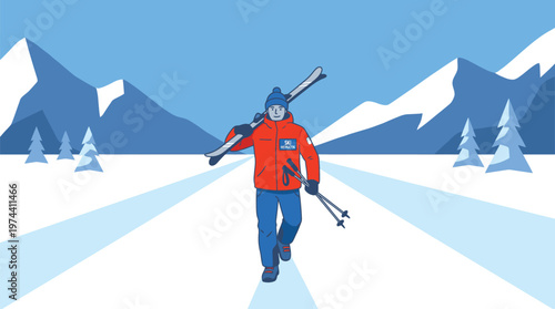 Hiker Trekking Through Snowy Mountain Landscape.