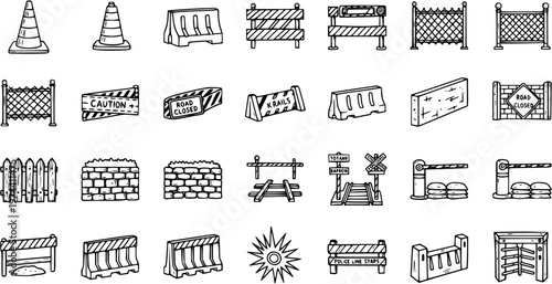 Hand-drawn Black and White Line Art Doodle Icons Set of Construction, Road Safety, and Traffic Control Barriers, Cones, Fences, and Signs