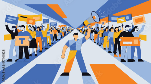 Crowd of People Demonstrating in Protest Rally.