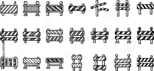 Hand-Drawn Black  White Line Art Collection of Construction Road Barriers and Traffic Barricades. Safety Doodle Icons for Work Zones  Traffic Control.