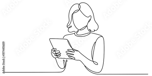 Continuous line drawing of a young woman looking at a digital tablet with focused expression