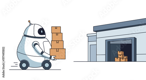 Autonomous robot transporting cardboard boxes into warehouse building logistics concept