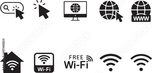 Minimalist internet and wifi icon set, black web navigation symbols, 10 vector elements for digital connectivity and wireless network interface