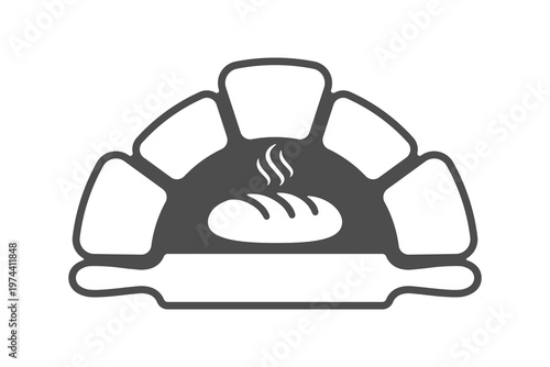 Bakery graphic logo. Bakeshop symbol with hot bread, rolling pin and bakery oven. Vector illustration