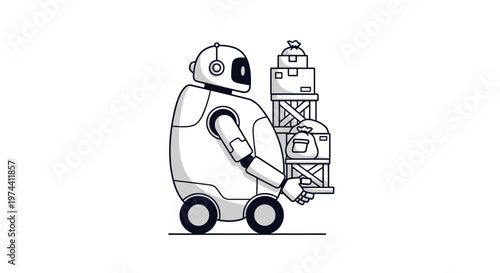 Cute delivery robot carrying stacked packages in minimalist logistics automation concept illustration