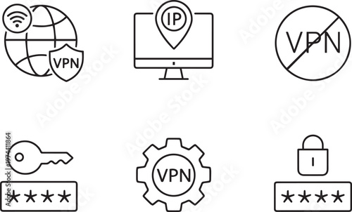 VPN and cyber security icon set, 6 linear vector elements for virtual private network, internet privacy and data protection symbols