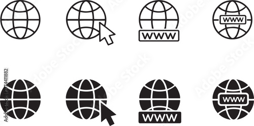 Minimalist web globe icon set, 8 black and white internet browser symbols, world wide web vector graphics for website navigation and digital connectivity
