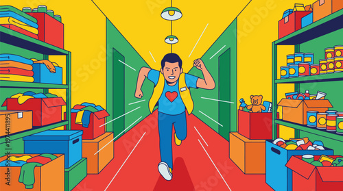 Young Boy Running Through Grocery Store Aisle.