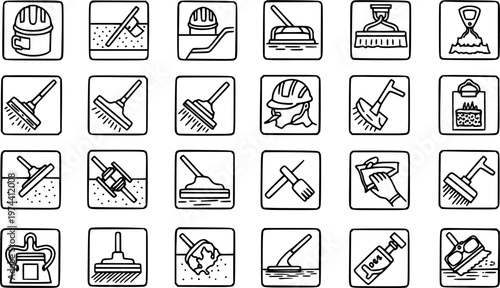 Construction, Masonry  Plastering Tools Line Art Icon Set. Black  White Outline Glyphs for Building, Renovation, and Home Improvement Work.
